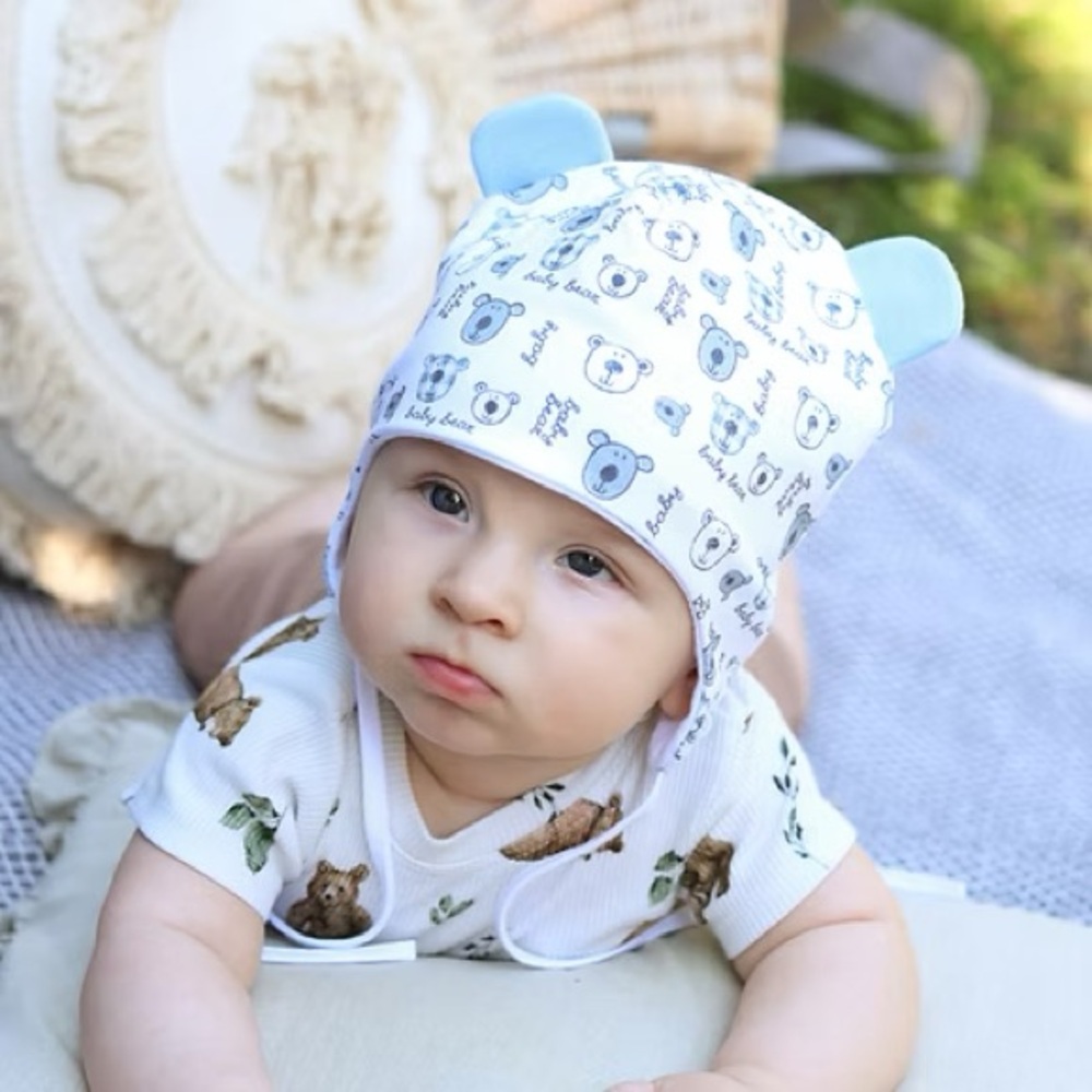 Cotton Marika Baby Hat with Blue and White Bear Print Two Ties